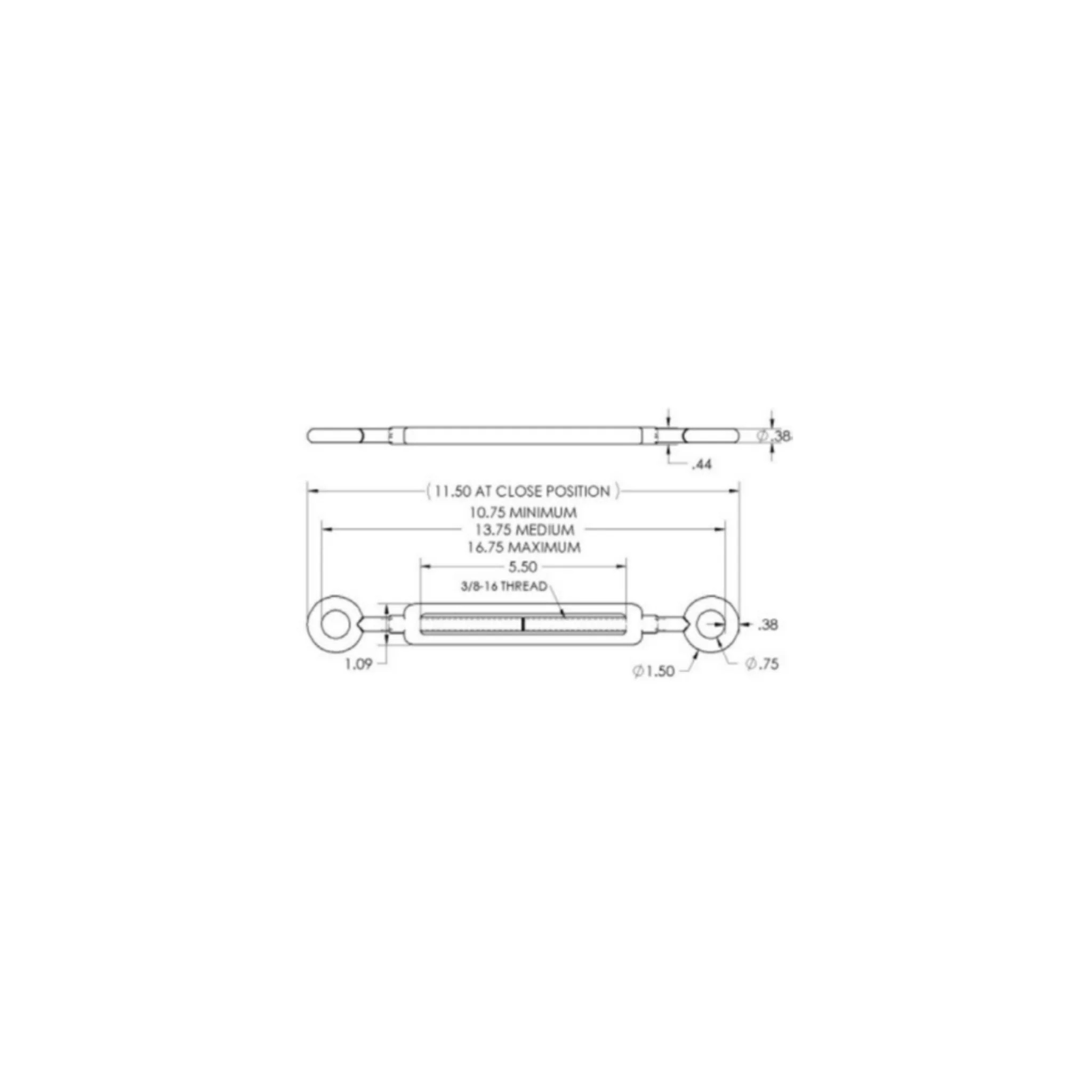 Adaptive Technologies turnbuckle, 3/8in x 6in, eye to eye, galvanised